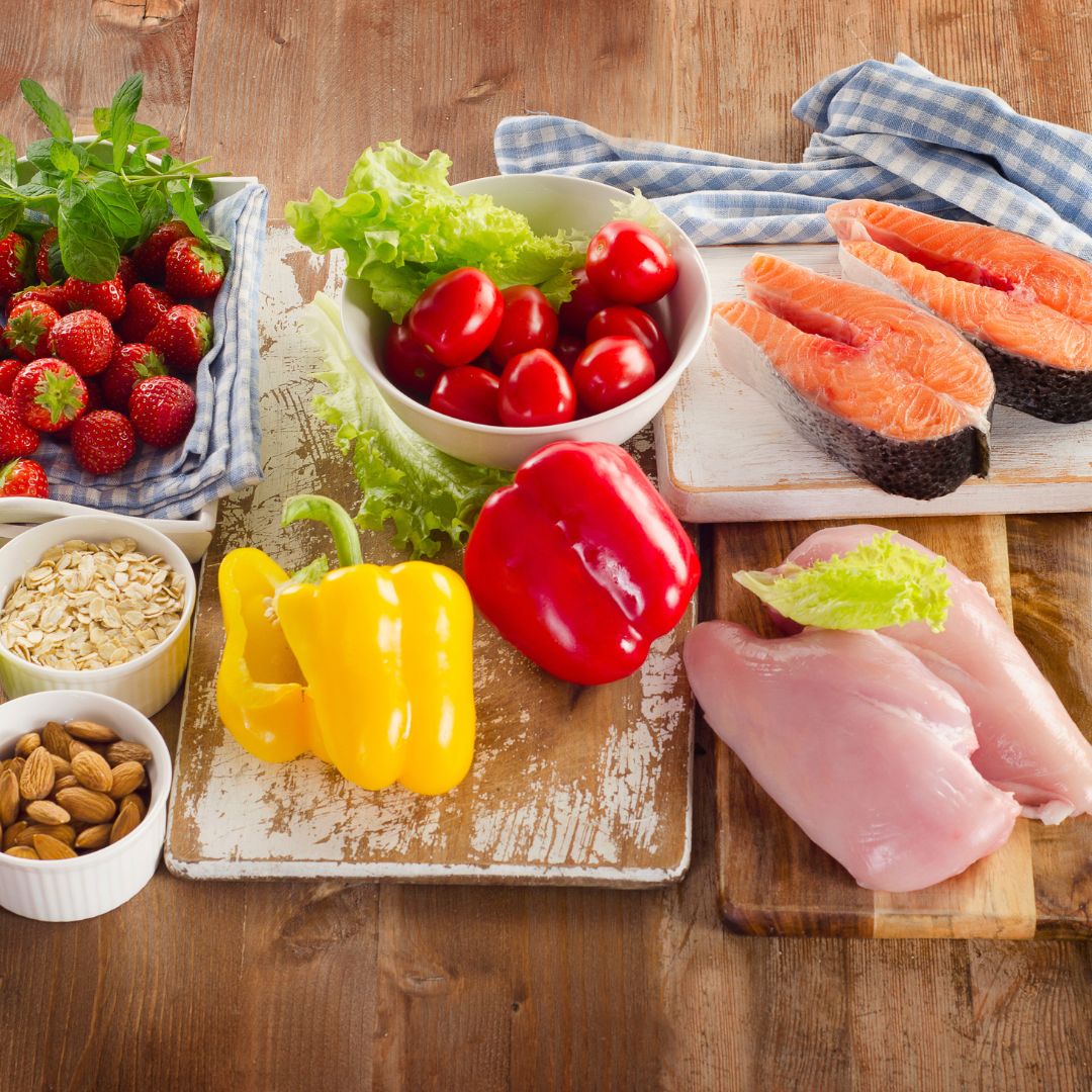 veggies and lean proteins on cutting boards