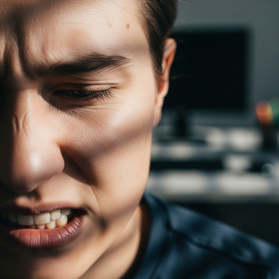 Stressed man clenching teeth
