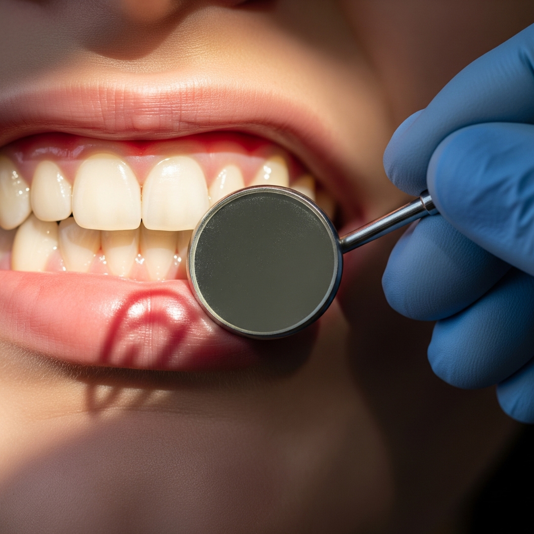 Close-up of gums with slight redness contrasted with a dentist gently holding a dental mirror