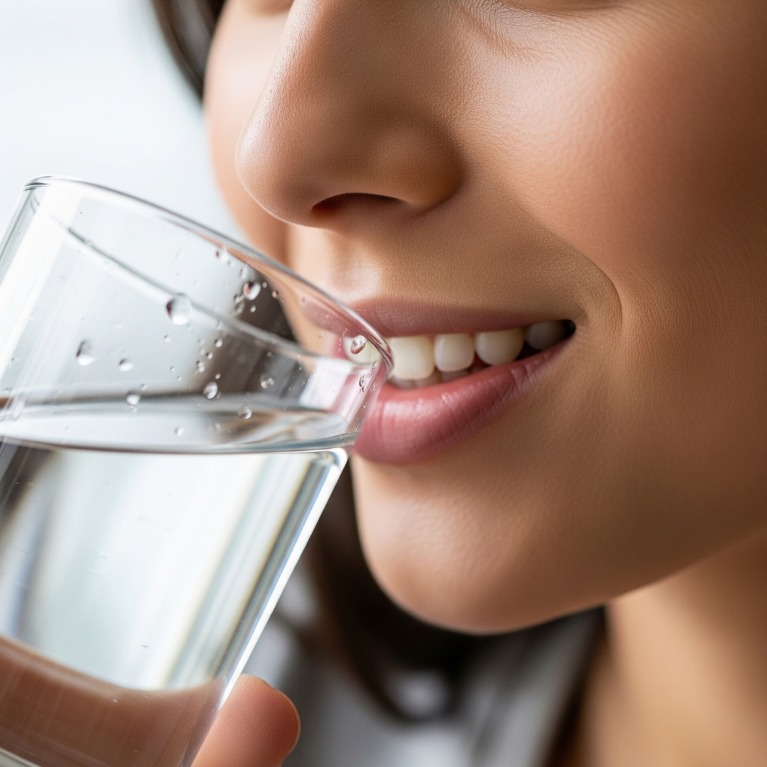 Woman sipping from a glass of wter