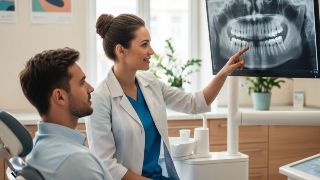 The dental professional points to an X-ray on a monitor for a seated patient.