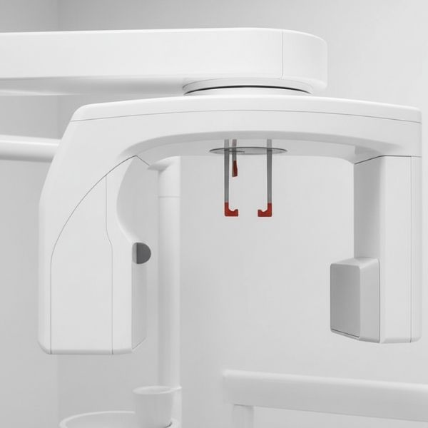 Modern, white dental X-ray equipment stands ready in a clean dental office.