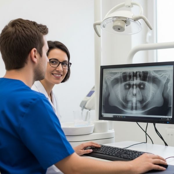 A male dentist and female assistant review dental X-rays on a computer screen in a bright office.