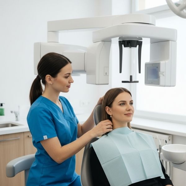 A dental assistant prepares a female patient for an X-ray in a modern dental office.
