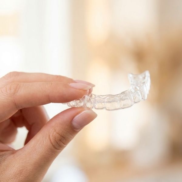 Close up of hand holding a clear plastic aligner tray.