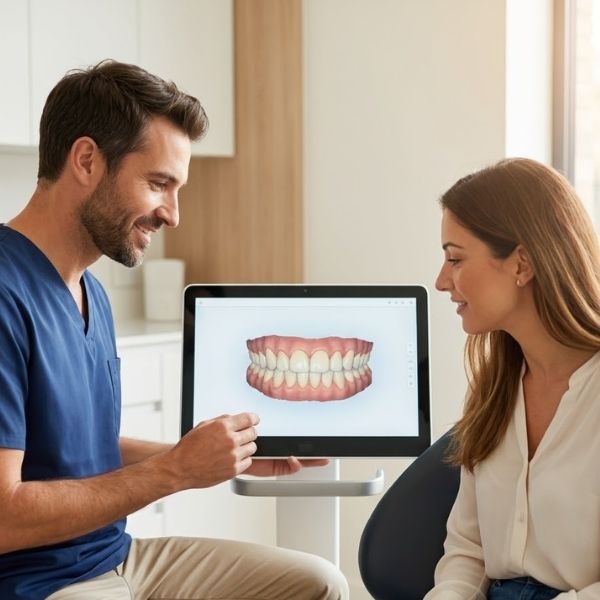 Dentist discussing digital teeth model with smiling patient.
