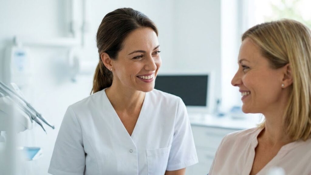 Professional dentist smiling with patient in modern bright clinic.